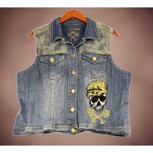 Cholet @ Pink Vest Women's 1X Blue Denim Stretch Embellished Camo Scull Biker